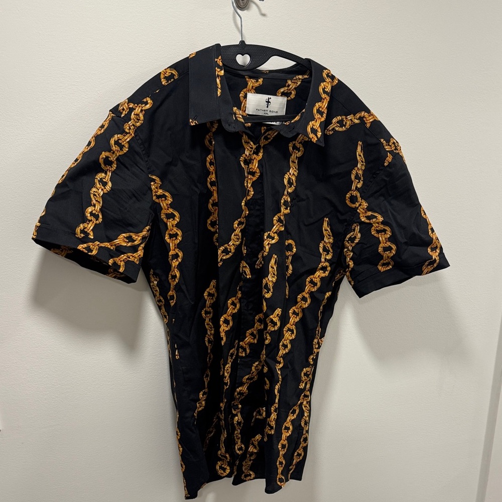 Father Sons black w/ gold chain link print short sleeve button down